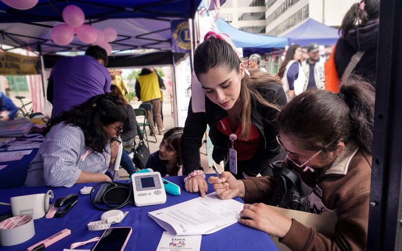 Feria Comunal Rosa en el Parque Cívico Belén de Villa Alemana, con actividades de promoción de la salud y prevención del cáncer de mama.